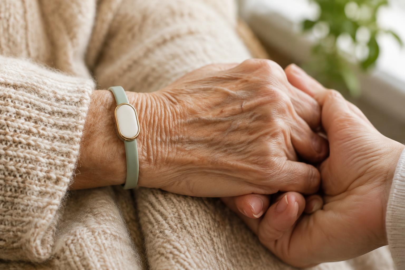 Dos manos entrelazadas, una lleva la pulsera verde salvia