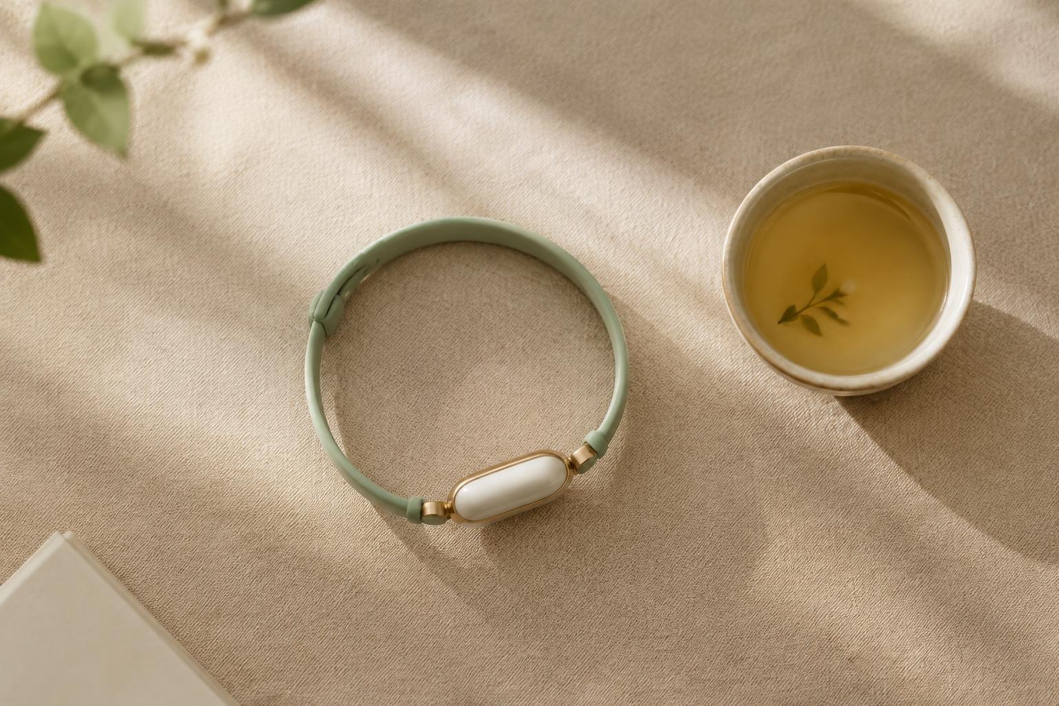 La pulsera sobre una mesa de lino junto a una taza de té