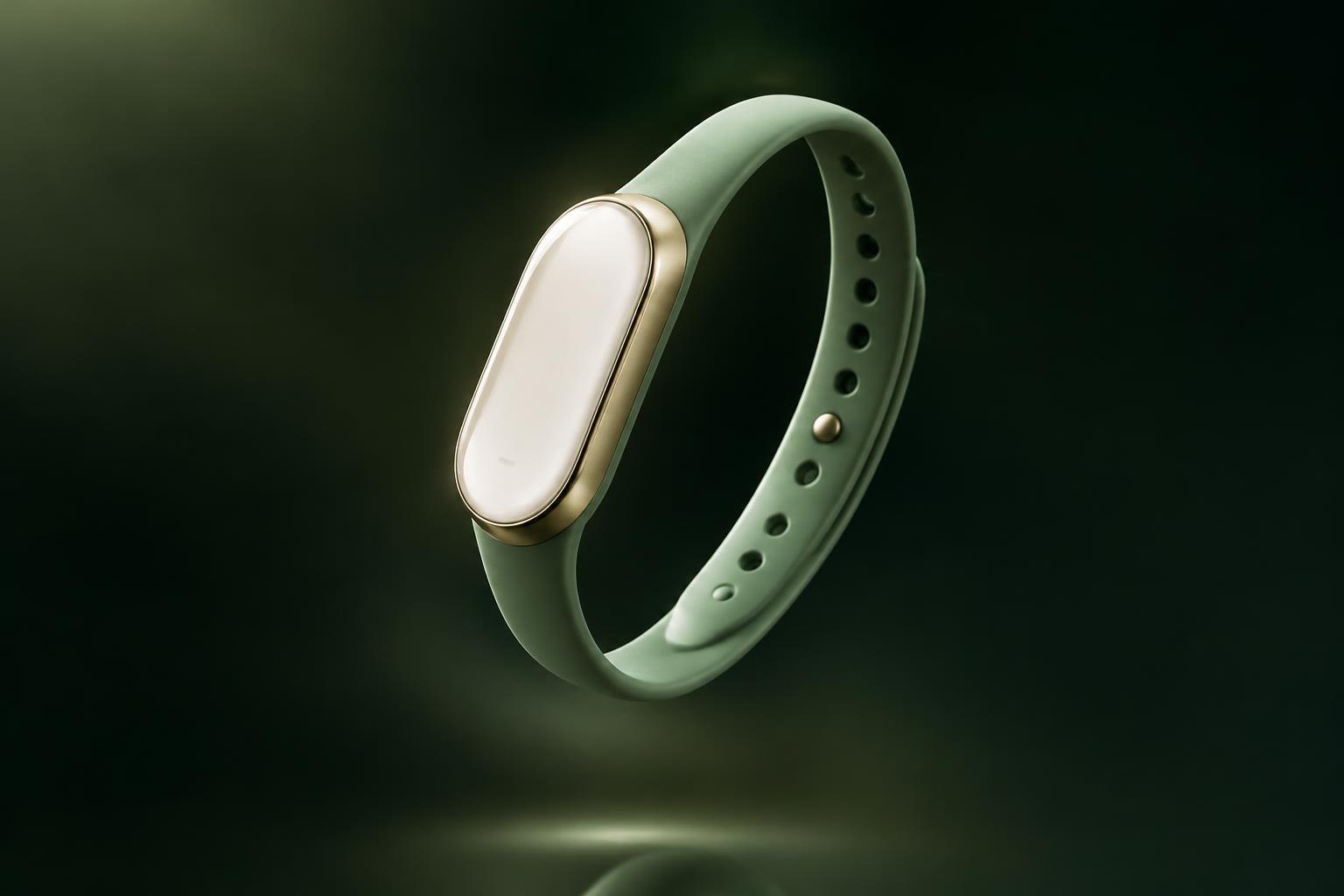 Pulsera verde salvia con frente ovalado perlado y borde dorado flotando sobre fondo verde oscuro